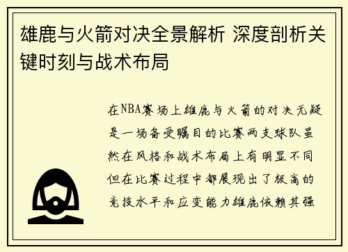 雄鹿与火箭对决全景解析 深度剖析关键时刻与战术布局